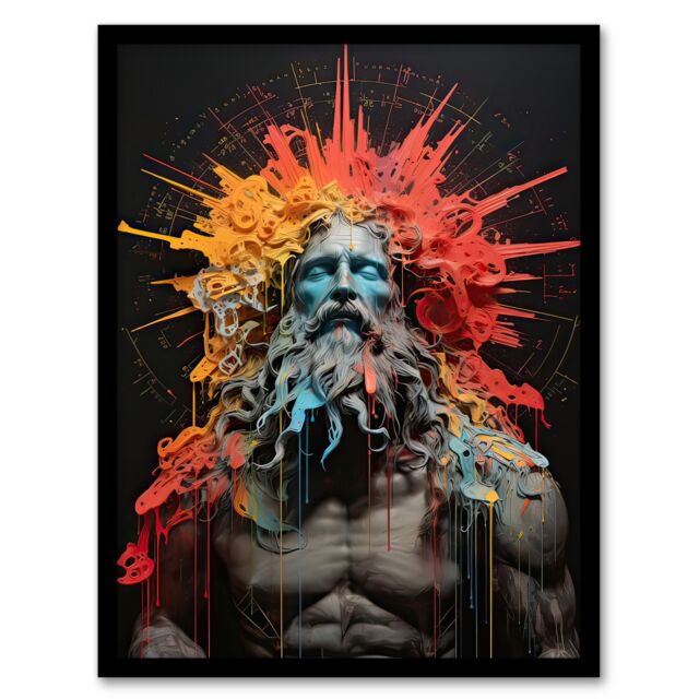 Artery8 Wall Art Print Zeus God of Thunder Greek Mythology Conceptual Artwork Framed Art in Orange - Size: A4 - image 1