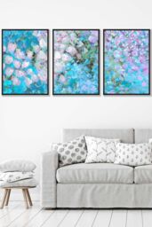 ARTZE Set of 3 Black Framed Abstract Cottage Garden Flowers in Blue Wall Art in Bright Blue - Size: W33 cm x H45 cm x D20mm - thumbnail 1