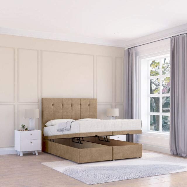 Sloomy Highbury Naples Fabric Ottoman Bed End Opening With Sprung Memory Mattress & 26 Inch strut Headboard in Light Brown - Size: Small Double - image 1