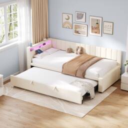 STILVORA 3ft Single Daybed with Trundle Beige Velvet - thumbnail 3