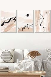 ARTZE Set of 3 White Framed Beige Black Abstract Mountain Contours Wall Art - Size: W33 cm x H45 cm x D20mm - thumbnail 1