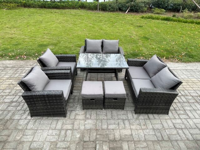 Fimous Rattan Garden Furniture Set Patio Outdoor Lounge Sofa Set with Rectangular Dining Table Double Seat Sofa 2 Small Footstools in Dark Grey