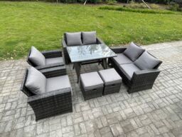 Fimous Rattan Garden Furniture Set Patio Outdoor Lounge Sofa Set with Rectangular Dining Table Double Seat Sofa 2 Small Footstools in Dark Grey - thumbnail 2