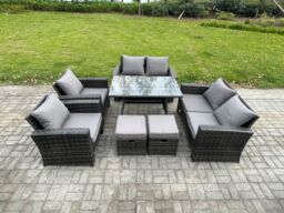 Fimous Rattan Garden Furniture Set Patio Outdoor Lounge Sofa Set with Rectangular Dining Table Double Seat Sofa 2 Small Footstools in Dark Grey - thumbnail 1