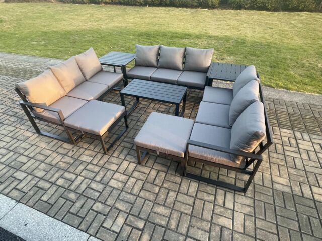 Fimous Aluminium Outdoor Garden Furniture Set Lounge Sofa Oblong Coffee Table 2 PC Big Footstool 2 Side Tables Sets with Cushions Dark Grey - image 1