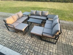 Fimous Aluminium Outdoor Garden Furniture Set Lounge Sofa Oblong Coffee Table 2 PC Big Footstool 2 Side Tables Sets with Cushions Dark Grey - thumbnail 1
