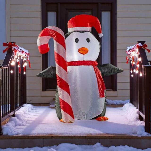Garden Greatness 4ft Self Inflatable Candy Cane Penguin in White - Size: 1 Pack - image 1