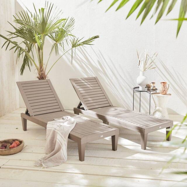 sweeek Pair Of Plastic Sun Loungers With Textured Wood Effect in Grey - image 1