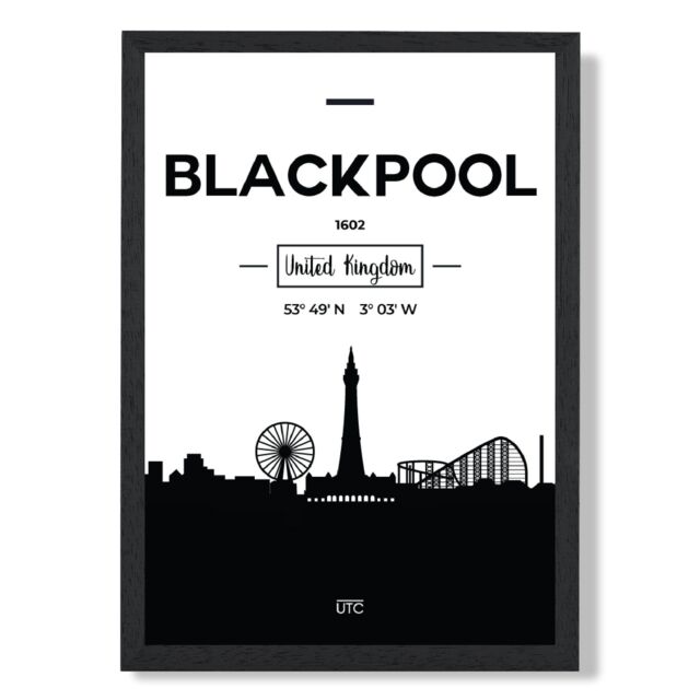 ARTZE Blackpool Black & White City Skyline Framed Print SIZE: A2 with Black Frame - Size: A4 - image 1