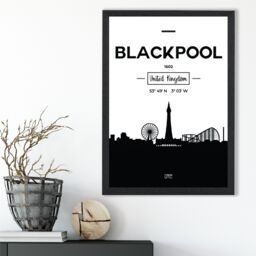 ARTZE Blackpool Black & White City Skyline Framed Print SIZE: A2 with Black Frame - Size: A4 - thumbnail 2