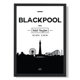 ARTZE Blackpool Black & White City Skyline Framed Print SIZE: A2 with Black Frame - Size: A4 - thumbnail 1