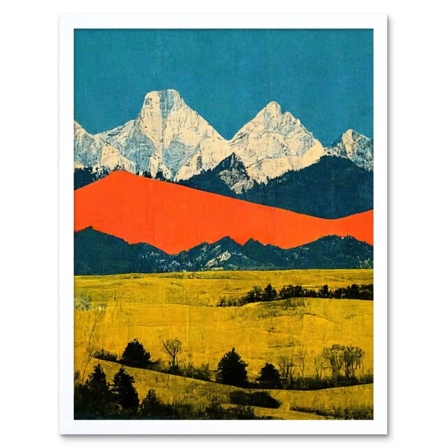 "Artery8 Wall Art Print Winter Mountains Landscape Modern Papercut Blue Orange Mustard Art Framed in White - Size: W12"" x H16""" - image 1
