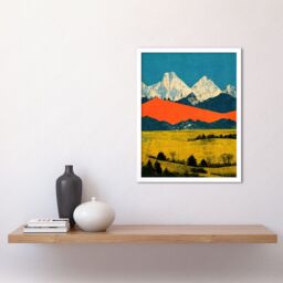 "Artery8 Wall Art Print Winter Mountains Landscape Modern Papercut Blue Orange Mustard Art Framed in White - Size: W12"" x H16""" - thumbnail 2