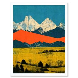 "Artery8 Wall Art Print Winter Mountains Landscape Modern Papercut Blue Orange Mustard Art Framed in White - Size: W12"" x H16""" - thumbnail 1