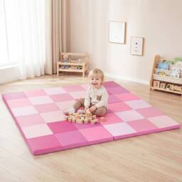 Gymax Set of 2 Patchwork Activity Mat Folding Play Mat Large Crawl Floor Mat in Pink - thumbnail 4