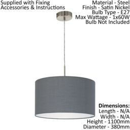 Loops Pendant Light Colour Satin Nickel Steel Shade Grey Fabric Bulb E27 1x60W in Metallics - thumbnail 2