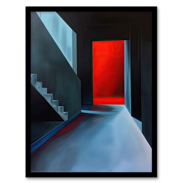 Artery8 Bauhaus Door Staircase Modern Artwork Framed Art Print in Blue - Size: A4 - image 1