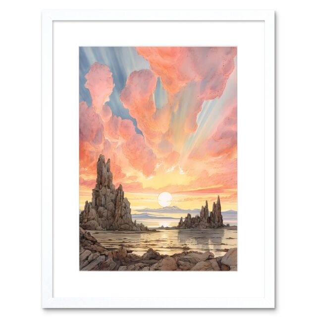 "Artery8 Wall Art Print Mono Lake Atmospheric Clouds at Dawn Break Modern Watercolour Painting Artwork Framed 9X7 Inch in White - Size: W7"" x H9""" - image 1