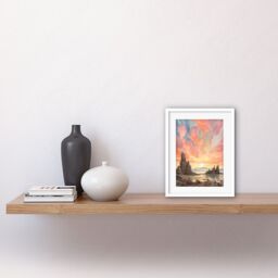 "Artery8 Wall Art Print Mono Lake Atmospheric Clouds at Dawn Break Modern Watercolour Painting Artwork Framed 9X7 Inch in White - Size: W7"" x H9""" - thumbnail 2