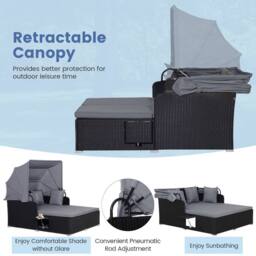 Costway Patio Daybed w/Retractable Canopy PE Rattan Wicker Sunbed w/Side Table in Grey - thumbnail 7