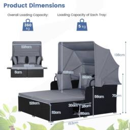 Costway Patio Daybed w/Retractable Canopy PE Rattan Wicker Sunbed w/Side Table in Grey - thumbnail 2