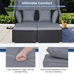 Costway Patio Daybed w/Retractable Canopy PE Rattan Wicker Sunbed w/Side Table in Grey - thumbnail 5