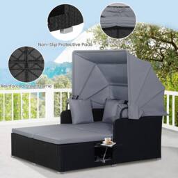Costway Patio Daybed w/Retractable Canopy PE Rattan Wicker Sunbed w/Side Table in Grey - thumbnail 8