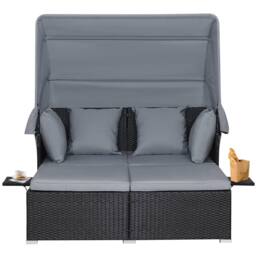 Costway Patio Daybed w/Retractable Canopy PE Rattan Wicker Sunbed w/Side Table in Grey - thumbnail 3