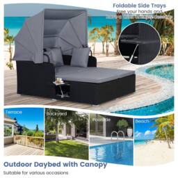 Costway Patio Daybed w/Retractable Canopy PE Rattan Wicker Sunbed w/Side Table in Grey - thumbnail 4