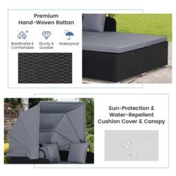 Costway Patio Daybed w/Retractable Canopy PE Rattan Wicker Sunbed w/Side Table in Grey - thumbnail 6