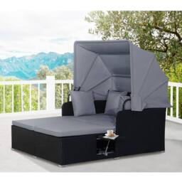Costway Patio Daybed w/Retractable Canopy PE Rattan Wicker Sunbed w/Side Table in Grey - thumbnail 9