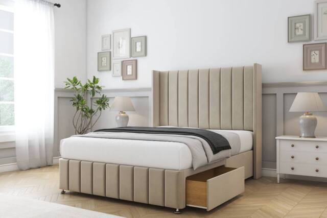 "Comfort Beds Serena Coniston Divan Base 2 Drawers - 54"" Wingback-Footboard in Cream - Size: Double" - image 1