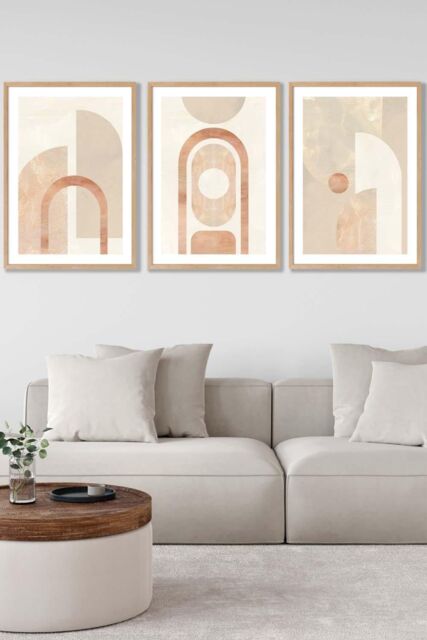 ARTZE Set of 3 Oak Framed Mid Century Beige & Terracotta Arches Wall Art - Size: W45 cm x H62 cm x D20mm - image 1