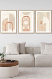 ARTZE Set of 3 Oak Framed Mid Century Beige & Terracotta Arches Wall Art - Size: W45 cm x H62 cm x D20mm - thumbnail 1