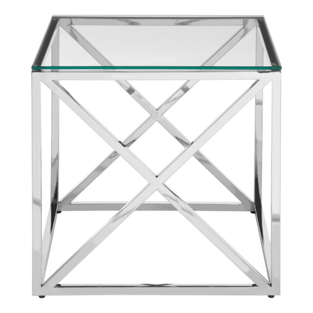 Orsina Polished Steel & Glass End Table, Square Transparent Glass Top Side Table, Cross Base Modern Accent Table in Silver - image 1