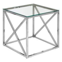 Orsina Polished Steel & Glass End Table, Square Transparent Glass Top Side Table, Cross Base Modern Accent Table in Silver - thumbnail 2