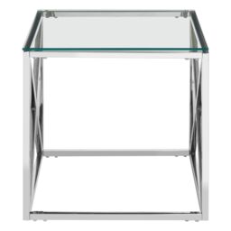 Orsina Polished Steel & Glass End Table, Square Transparent Glass Top Side Table, Cross Base Modern Accent Table in Silver - thumbnail 3
