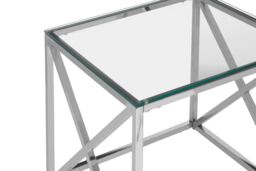 Orsina Polished Steel & Glass End Table, Square Transparent Glass Top Side Table, Cross Base Modern Accent Table in Silver - thumbnail 4