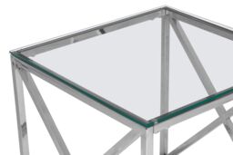 Orsina Polished Steel & Glass End Table, Square Transparent Glass Top Side Table, Cross Base Modern Accent Table in Silver - thumbnail 5