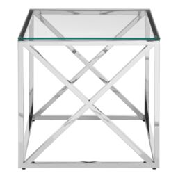 Orsina Polished Steel & Glass End Table, Square Transparent Glass Top Side Table, Cross Base Modern Accent Table in Silver