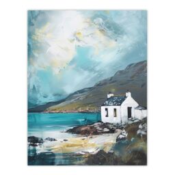 "Artery8 White Scottish Cottage Loch Hills Oil Painting Wall Art Print in Blue - Size: W18"" x H24""" - thumbnail 1