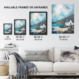 "Artery8 White Scottish Cottage Loch Hills Oil Painting Wall Art Print in Blue - Size: W18"" x H24""" - thumbnail 3