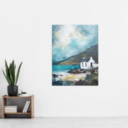 "Artery8 White Scottish Cottage Loch Hills Oil Painting Wall Art Print in Blue - Size: W18"" x H24""" - thumbnail 4