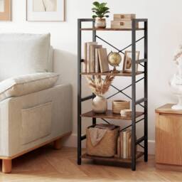 Costway Narrow Bookshelf 4-Tier Freestanding Bookcase Industrial Display Rack in Brown - thumbnail 3