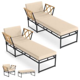 Costway 2 Pieces Patio Furniture Set w/ Cushion & Acacia Wood Armrests in Brown - thumbnail 2