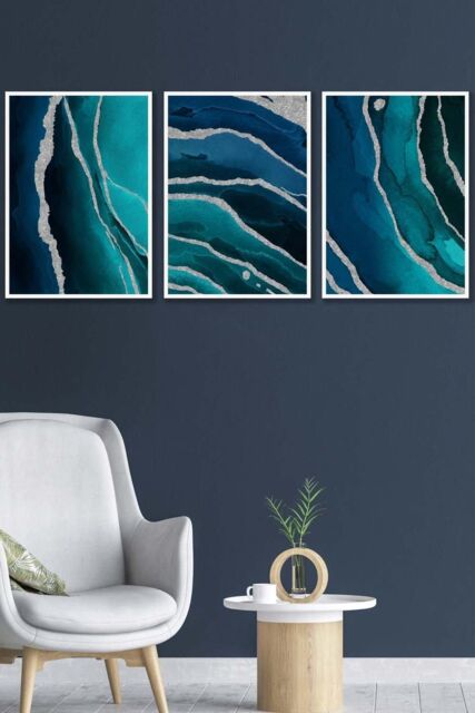 ARTZE Abstract Teal Blue Silver Strokes Framed Wall Art - Medium in White - Size: W45 cm x H62 cm x D20mm - image 1