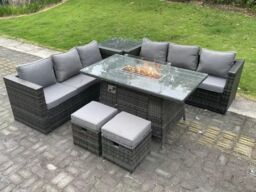 Fimous 8 Seater Outdoor Rattan Gas Fire Pit Table Sets Heater Lounge Footstools in Dark Grey - thumbnail 3