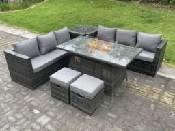Fimous 8 Seater Outdoor Rattan Gas Fire Pit Table Sets Heater Lounge Footstools in Dark Grey - thumbnail 1