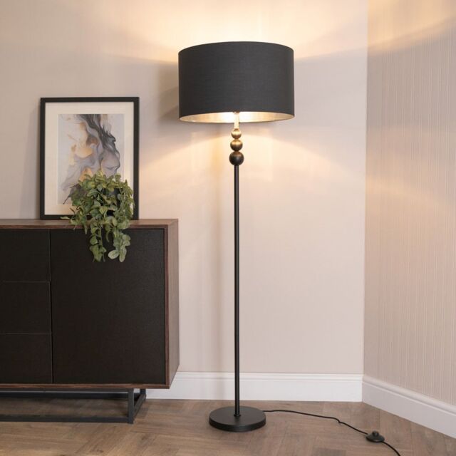 ValueLights Marissa Black Stacked Ball Floor Lamp with Fabric with Chrome Inner Shade & Bulb - image 1