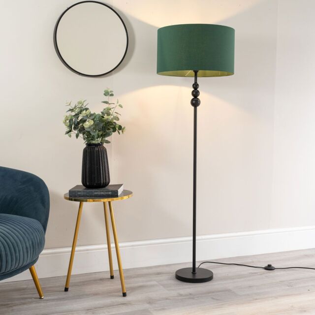 ValueLights Marissa Fabric Drum Shade with Black Stacked Ball Floor Lamp & LED Bulb in Bottle Green - image 1